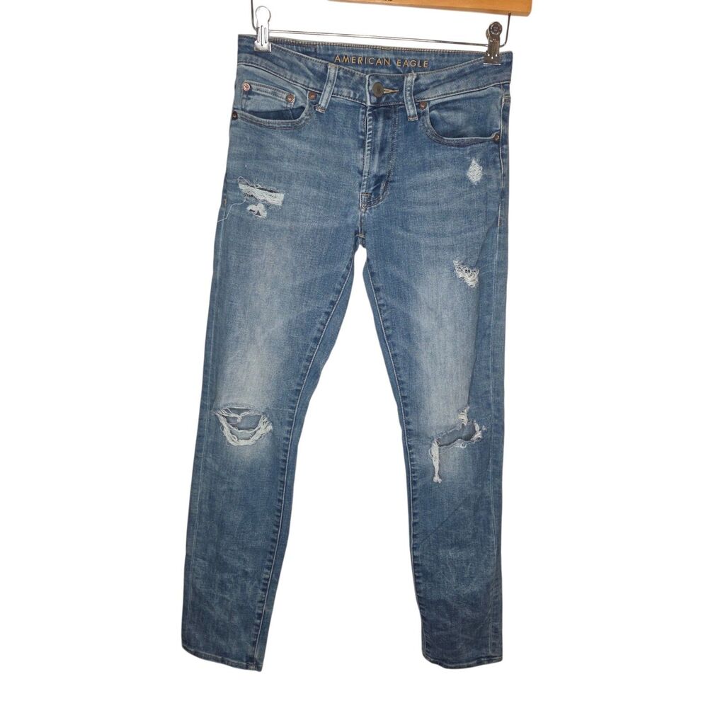 AEO Next Level Flex Slim Fit Distressed Blue Denim Jeans Size 28x32